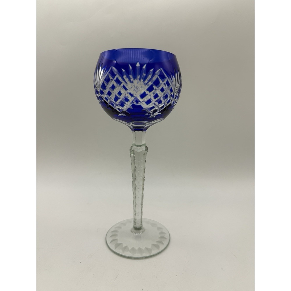 Ajka Cobalt Blue Bohemian Stemmed Cut to Clear Crystal Wine Glass Goblet 8.5"